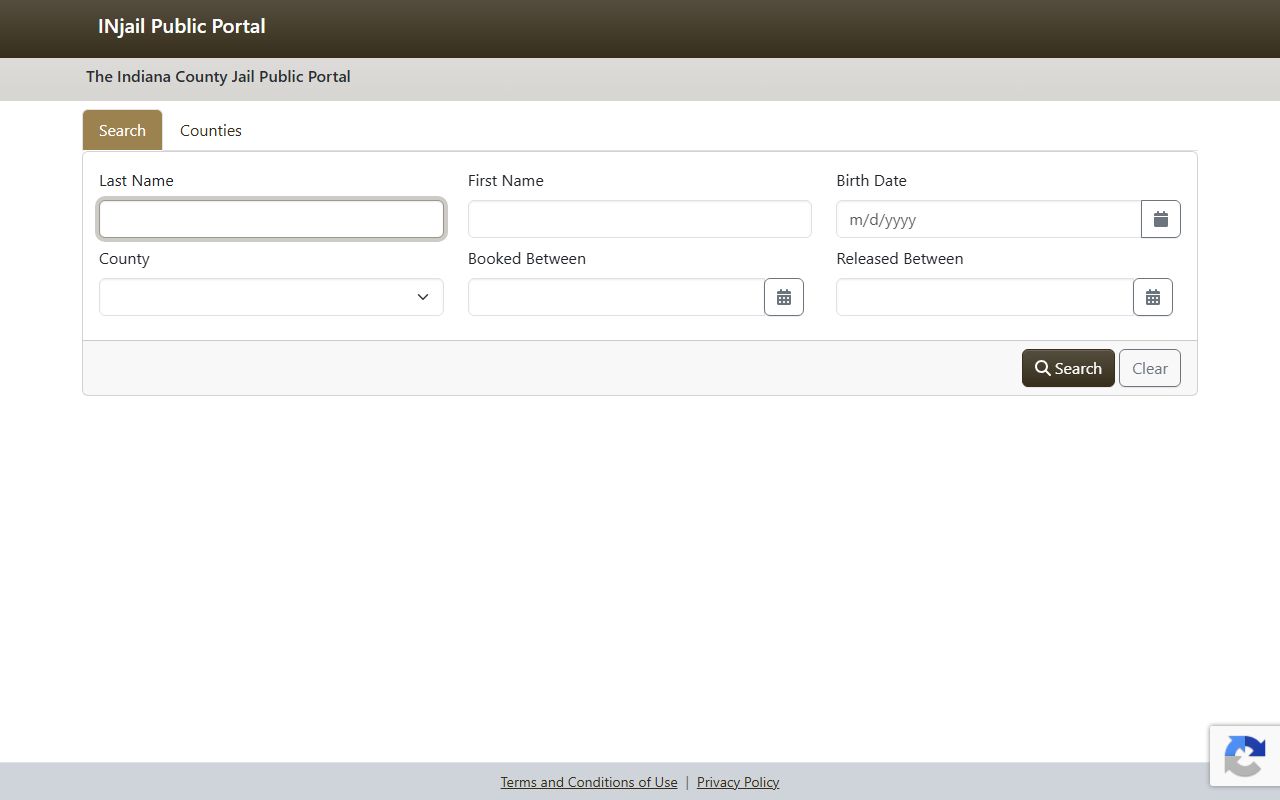 Indiana INjail search interface for Grant County inmate records
